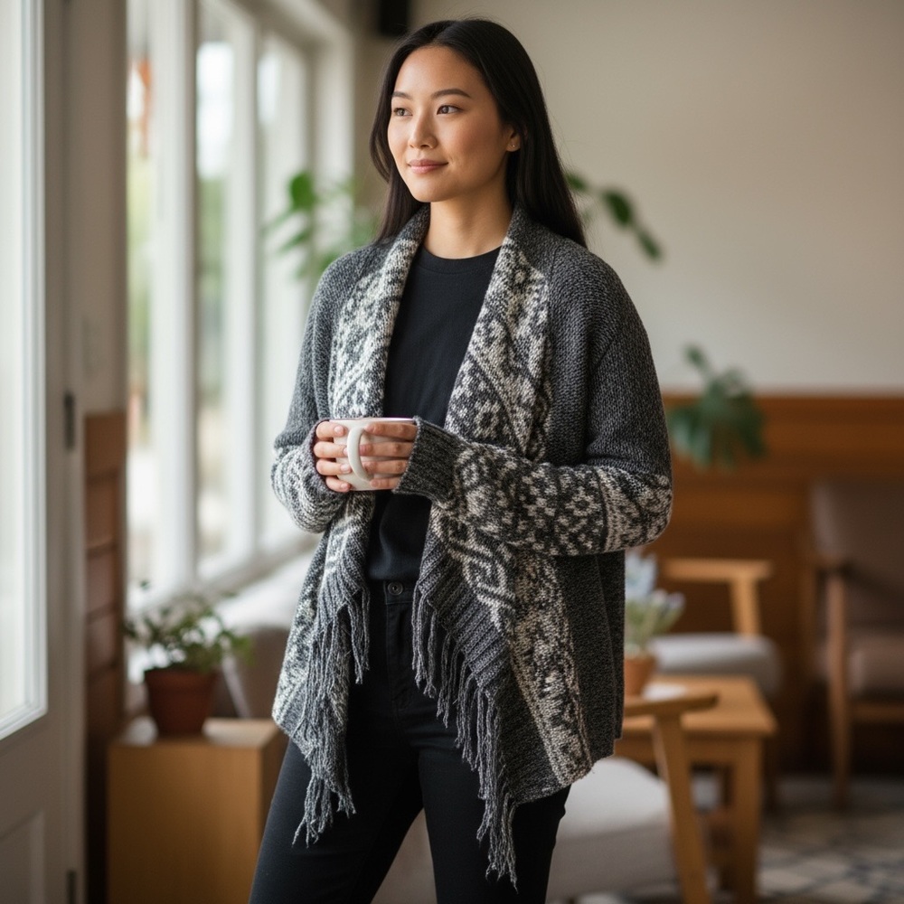 Pink Rose Charcoal and Cream Patterned Cardigan